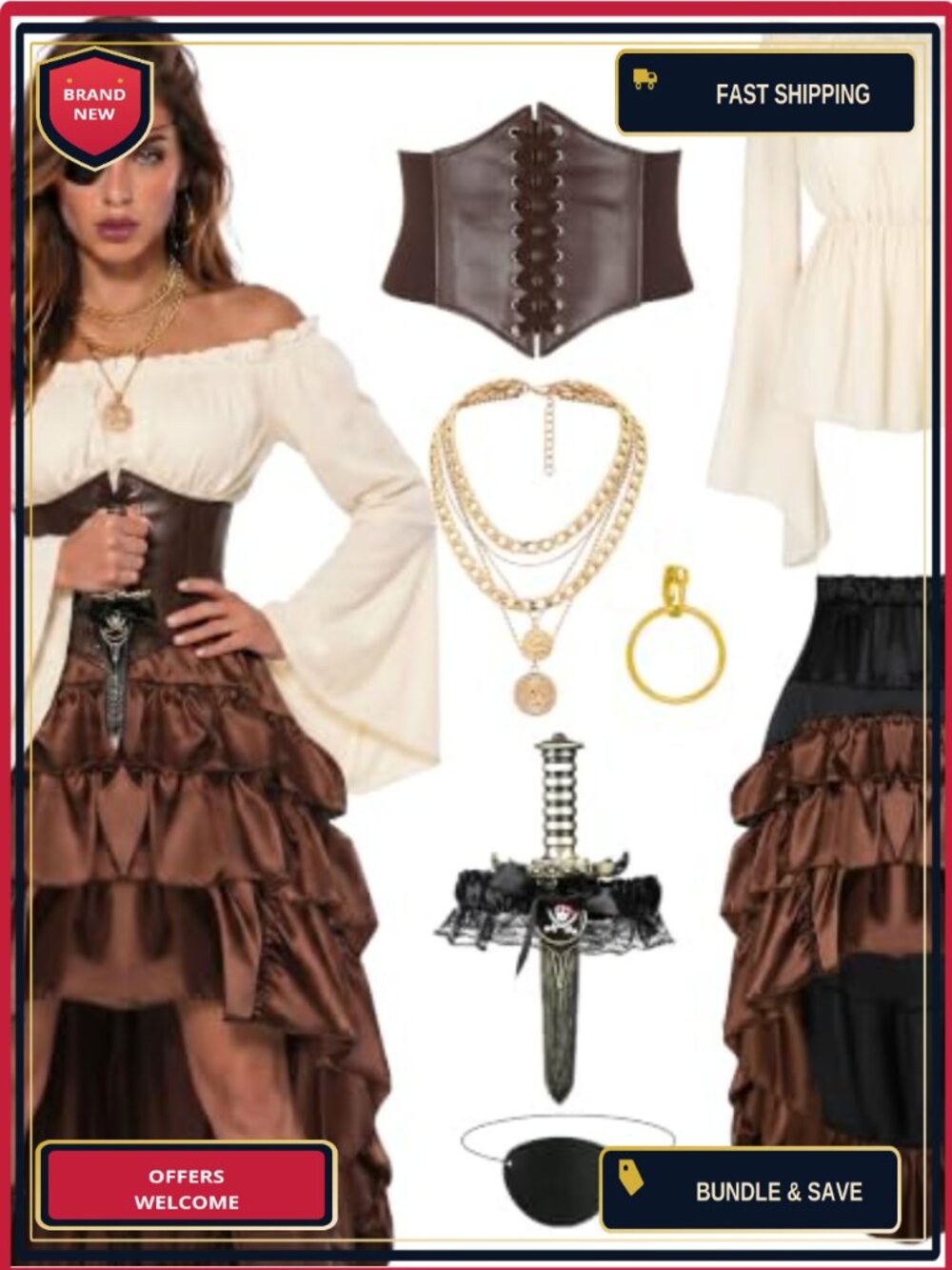 Pirate Costume Women Corset Steampunk Skirt Renaissance Top Halloween Outfit